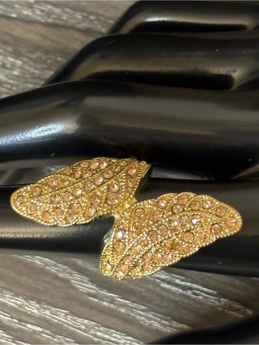 Gold Tone Pave Pink Rhinestone Leaf Wrap Statement Ring Size 7